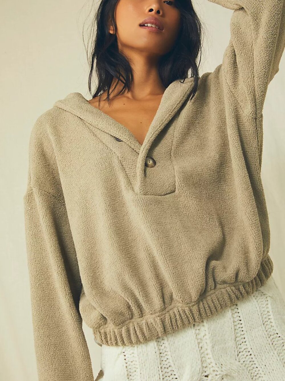 FREE PEOPLE Beach Bino Pullover Henley Fleece Sweater in Saige Beige Women M